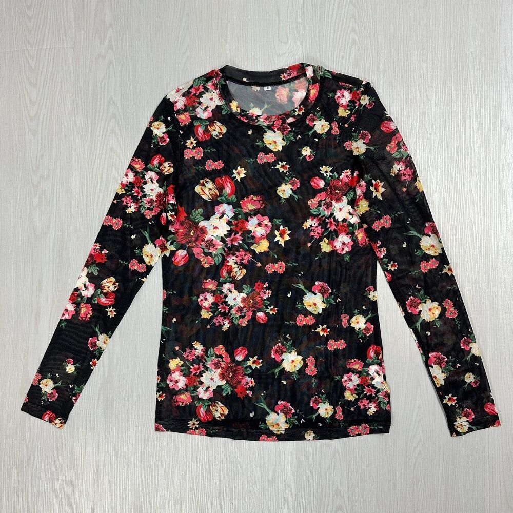 Women's Sheer Blouse Stretch Long Sleeve Round Neck Black Pink Floral Top Size S
